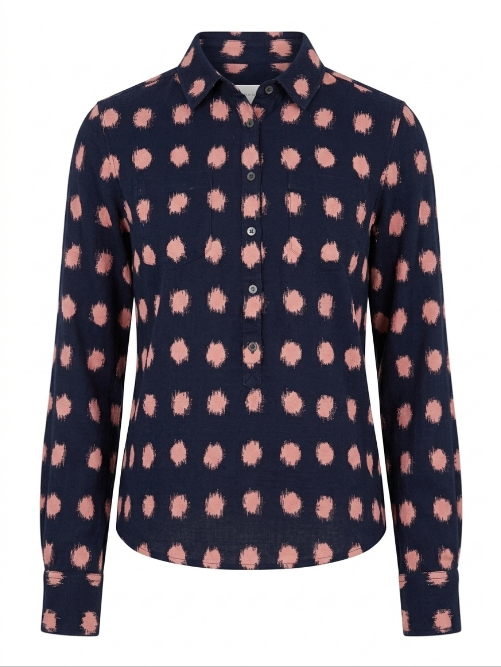 J.Crew Polly Popover Shirt Silk-Screen Dot Polka Ikat Navy Blue Pink 2 Preppy